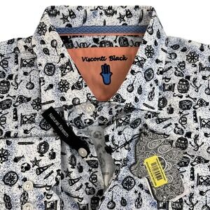 NWT Luchiano Visconti Shirt Mens Large White Skulls Nautical  Stretch Button Up